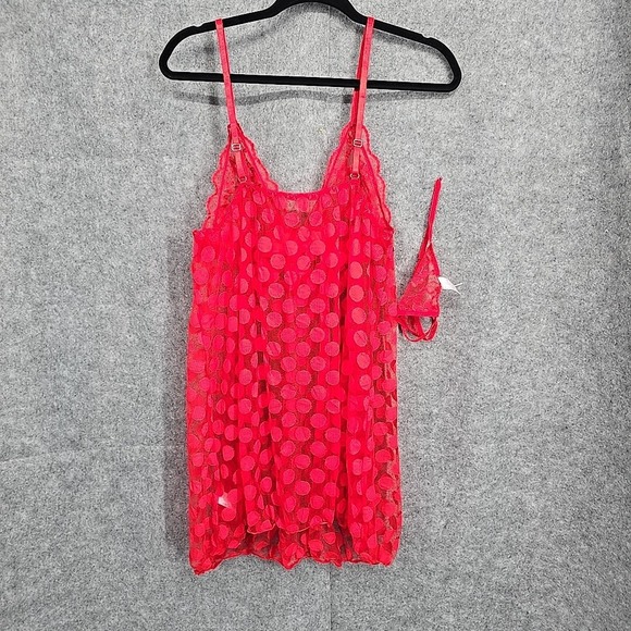 Music Legs Mesh Polka Dot Babydoll And G-String Women Size Q 16-18 D/DD Red Lace - Picture 2 of 12